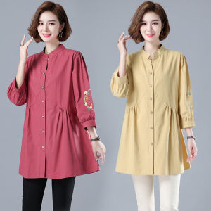 Spring and Autumn Clothing Artsy Loose Embroidered Flower Cotton Linen Shirt Sleeve Fashion Solid Color Large Size Linen Shirt Womens Top