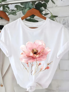Womens Spring and Summer Clothing Pink Flower Graphic T-Shirt Round-neck Short Sleeves Harajuku Sleeve Casual Aesthetic Clothes