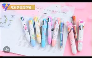 Cute Cartoon 10-Color Ball Point Pen Student Push  Type Colored Pen Multi-function