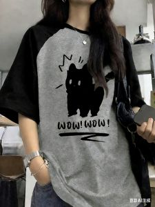 Funny Cat Printed Summer T-Shirt for Women Patchwork Short Sleeve Harajuku Tees Sports Football Jersey Y2K Loose Oversized Tops