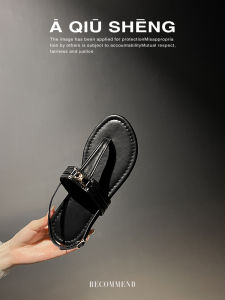 Black Flat Bottom Leather Sandals Womens 2025 New Small Fragrance Style Roman Toe Slippers Beach Vacation Crossbody Shoes