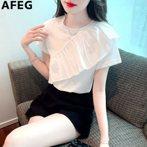 AFEG solid color Korean version round neck peplum fashion loose temperament short sleeve womens T-shirt