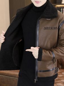 Mens Winter Thickened Warm Lamb Velvet Leather Jacket Casual Style Fashionable Zipper Closure Regular Fit Youth Coat