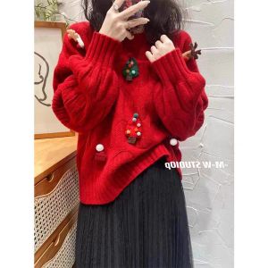 Red Christmas Knitted Sweater Womens Fashion Loose round Neck Twist Heavyweight 3D Winter New Style Casual Comfortable Top