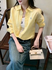 French Style Linen Yellow Polo Neck Long Sleeve Sun Protection Shirt Women Summer Thin Outerwear Loose Shirt Coat Top