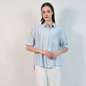 QUEENTIN Kemeja Casual Wanita 22009 Katun Silk Salur Lengan Balon Pendek