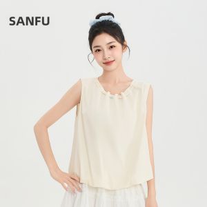 SANFU | Summer New Style French Sleeveless Blouse Flower Bud Hem Front Collar Beading