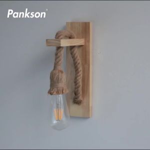 Parkson | Retro Wood Wall Light E27 110V 220V Vintage Hemp Rope Wall Lamp Indoor Lighting Bedside Lamp Industrial Wall Light Home Decor