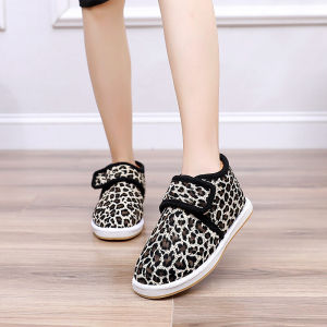 สะดวกสบาย ผ้าขนแกะ เสือดาวพิมพ์เรียงราย ผู้หญิง รองเท้าแตะแบบสวม ลำลอง รองเท้ากันลื่น ผ้าฝ้าย รองเท้าสําหรับบ้าน ฤดูหนาว สวมใส่