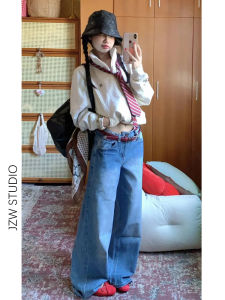 American Style Low Waist Wide Leg Jeans Women Loose Slimming Draping Unique Super Beautiful Straight Floor-Length Pants