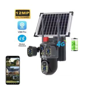 T49H 4G Lens 3 Screen 12MP 6k Outdoor Security Network Camera 360 PTZ IP CCTV Wireless Solar 4G Sim Card Camera Surveillance V380