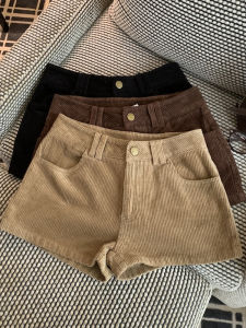 กางเกงขาสั้นผ้ายืดคอร์ดูรอยเอวสูงสไตล์ย้อนยุคสไตล์อเมริกันสำหรับผู้หญิง กางเกงขาสั้นทรงเอเข้ารูป ทรงหลวม สไตล์ฤดูใบไม้ร่วง 2025