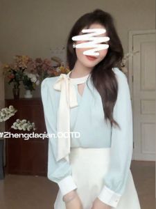 เสื้อเชิ้ตผู้หญิงแขนยาวผ้าซาตินสไตล์ฝรั่งเศส แขนโคมไฟ คอตั้ง สไตล์เกาหลี หวาน เดรสสั้นผ้าชีฟอง ฤดูใบไม้ผลิและฤดูใบไม้ร่วง