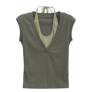 QIAOJIAOYA | Slim Fitting V-Neck Camisole Style Short Sleeves T-Shirt