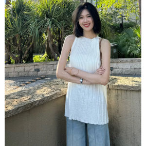 YUEZHONGWEI | French Elegant White Round Neck Pleated Hanging Neck Vest Women Summer Loose Slimming Sleeveless Doll Shirt Top