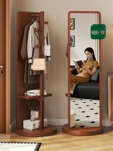 BEIJUBANG | Rotatable and Movable Solid Wood Full-Length Mirror With Coat Rack