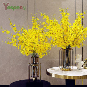 YESPERY 5 Fork Artificial Flowers Yellow Dancing Orchid for Wedding Home Decoration Phalaenopsis Bouquet Silk Party Gift
