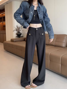 Quần Ống Rộng Màu Đen Cho Nữ Quần Ống Đứng Cạp Cao Dáng Ôm Chất Liệu Polyester Cotton Spandex Mùa Thu 2025