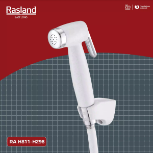 สายฉีดชำระ พลาสติก ABS สีขาว / สีโครเมียม พร้อมสายและขอแขวน RASLAND ก้านกดสามารถล๊อคน้ำได้ ความยาวสาย 120 ซม. รับประกันหัวฉีดไม่รั่วซึม 1 ปี | RA H811-H298