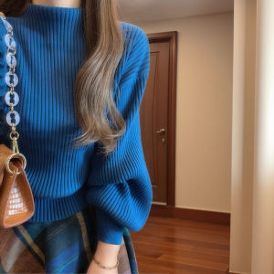 XUECAIQI | Plus Size Womens Matching Set Klein Blue Sweater Check Skirt 2pcs