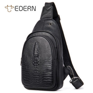EDERN Crocodile Pattern Genuine Leather Chest Bag for Men Retro Fashion Crossbody Bag Cowhide Sling Bag Mens Outdoor Travel Chest Pouch