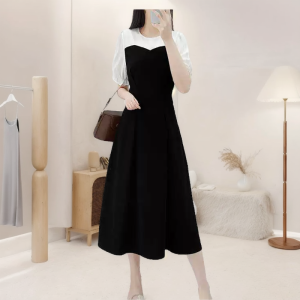 Spring Summer 2025 Womens Chiffon Midi Dress Color Block Slimming High Waist French Style A-Line Skirt Long Sleeve round Neck