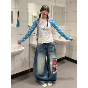 American High Street Patchwork Cartoon Star Print Long Sleeve T-Shirt Women Early Autumn Slimming Casual College Style Top