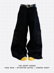 American Retro Rivet Design Loose Wide Leg Jeans Womens 2025 New Casual Cool Slim Straight Pants High Waist Zipper Closure