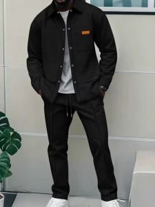 Mens Autumnal Waffle Texture Jacket And Pants in Solid Colors with Lapel Buttoned Pocket Long-Sleeved Top And Trousers 1/2piece