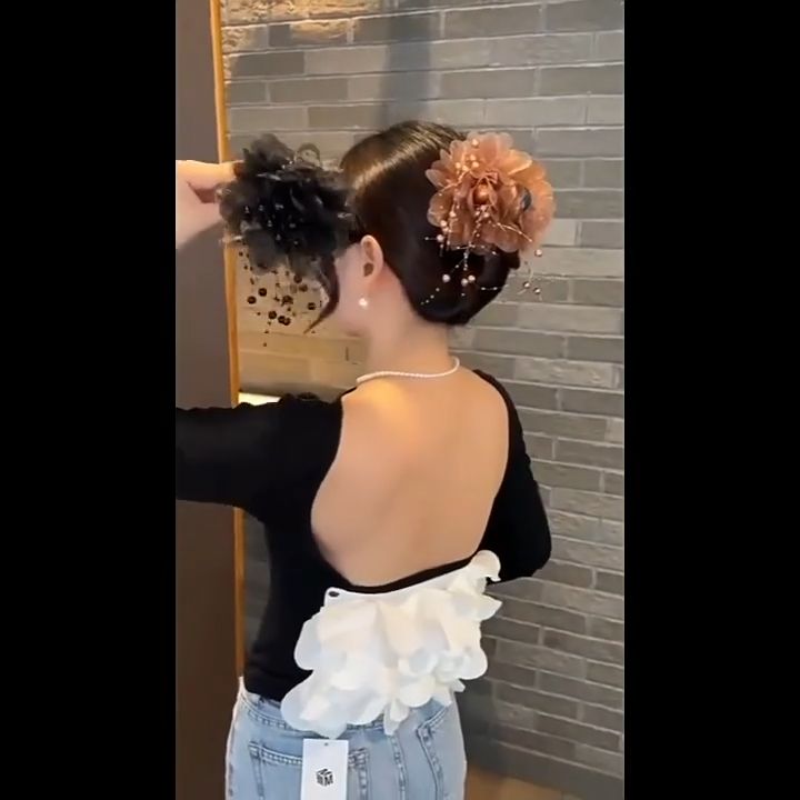 Large Mesh Flower Beads Hair Clip Feather Tassel Hairpin Ponytail Holder Woman Retro Hair Accessories