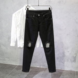 Black Slim Fit Jeans Mens Knee Hole Patched Cotton Stretch Denim mid Waist Zipper Closure Casual Long Pants Trendy Youth Style
