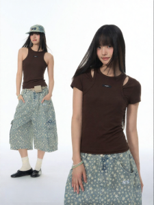 JNXS | Elastic Knit Slimming Vest T-shirt Two-piece Set