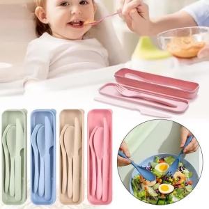 Portable Wheat Straw Dinnerware Set Reusable Knife Fork Spoon Travel Utensil Box 3In1 Tableware Kit For Tableware School Office