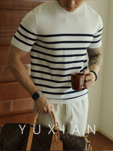 Áo Thun Nam Cổ Tròn Tay Ngắn Dệt Kim Sọc Lụa Băng ELITE YUXIAN Phong Cách Công Sở Mùa Xuân Hè Thường Ngày Tay Ngắn Thoáng Khí