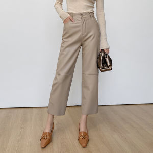 Black High Waist Elastic Splice Nine Point Leather Pants Women Autumn Winter Loose Slim Straight Casual Eight Point Pants