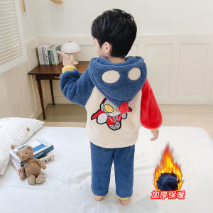 Boys Pajamas 2024 New Arrival Autumn Thickened Winter Boys Ultraman Hooded Suits Kids Baby Winter Flannel