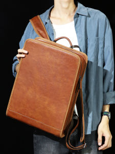 Leather Business Casual Travel Backpack Double Shoulder Bag for Men And Women Vintage Style Vertical Square Shape Waterproof