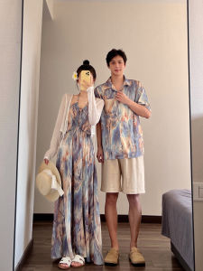 French Style Couple Matching Summer Vacation Beachside Strap Womens Dress Casual Shirt High Waist A-Line Skirt V-neck Print