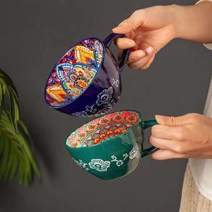 1pc 450ml/15oz Bohemian Ceramic Coffee Mug Boho Style Underglaze Ceramic Breakfast Cup Multicolor Porcelain Cup for Matcha Latt