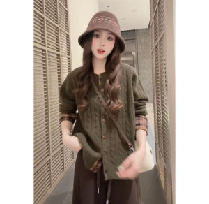 YUEZHONGWEI | Cozy Green Plaid Cable Knit Cardigan