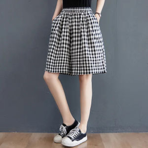 High Waist Plaid Cotton Linen Short Pants Womens Summer New Thin Loose Slimming Wide Leg Pants Ethnic Style Casual Trousers