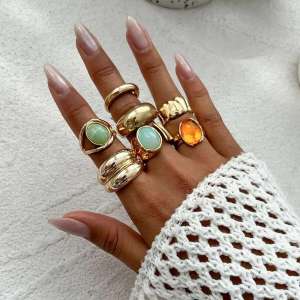 KunJoe 7 Pcs Retro Colorful Acrylic Crystal Open Rings Set for Women Trendy Irregular Gold Color Finger Ring Jewelry Accessories