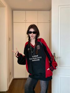 Retro American High Street Color Block V Neck Sweatshirt Womens Spring Autumn New Style Black Splicing Letter Print Jacket