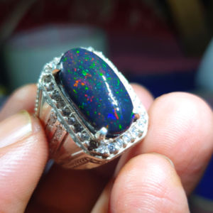 cincin perak batu black opal solid super quality dim 19x10x5 mm