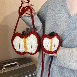 กระเป๋าถือทรงกลมขนาดกลางสำหรับผู้หญิง กระเป๋าสะพายไหล่ข้างเดียวแบบถัก กระเป๋าถือแบบสะพายข้าง กระเป๋าถักแบบมีหัวเข็มขัด