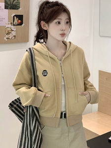 American Retro Short Hood Sweater Cardigan Womens Spring and Autumn Silm Casual Laid-Back Style Double Zipper Coat Top