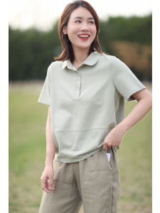 Classic Bomber Style Casual Fabric Doll Collar Polo Shirt Short Sleeve Loose Fit Pure Color Summer Fashion Womens Top