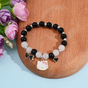 Sanrio | Hello Kitty Beaded Stretch Bracelet Zinc Alloy Charm with Black & White Beads Bow & Heart Accents for Sanrio Fans