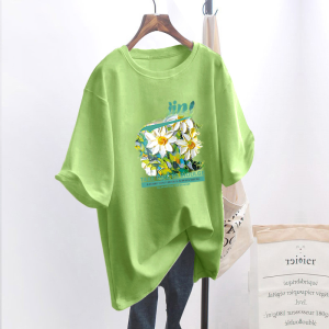 plus Size Womens Loose Fit Short Sleeve T-Shirt Green Design Casual Inner Wear round Neck Korean Style Top for Summer