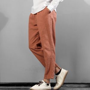 Retro Japanese Style Wear Resistant Dirty Cotton Linen Pants Mens Summer Thin Breathable Loose Casual Cotton Linen Pants